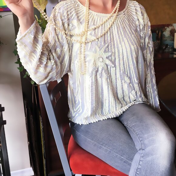 1980s Vintage Cream Sequin Chinese Silk Long Sleeve Blouse. - Picture 2 of 16